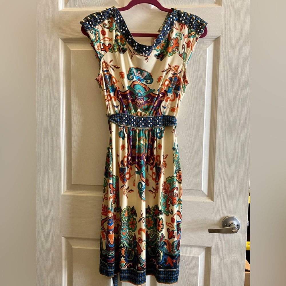 ECI New York Women’s Multicolor Printed Beaded Dress NWOT 12